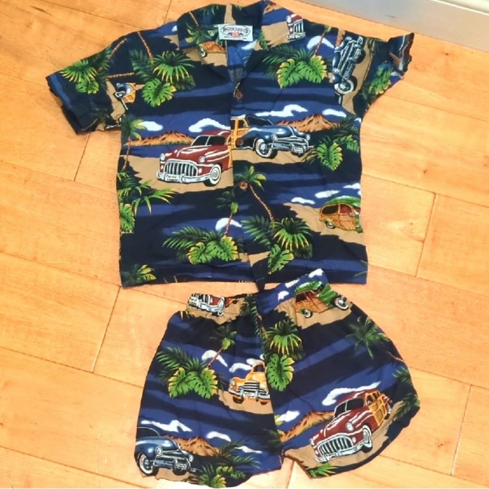 ✅Vintage Classic Car Print Hawaiian Shirt and Shorts Set Boys Size 5t